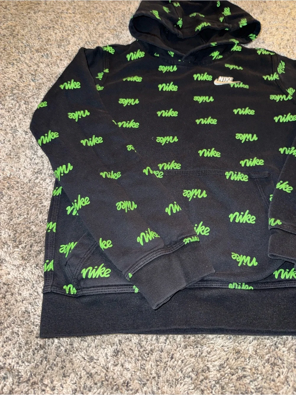 Nike Black Hoodie with Neon Green Script, Youth Lathe